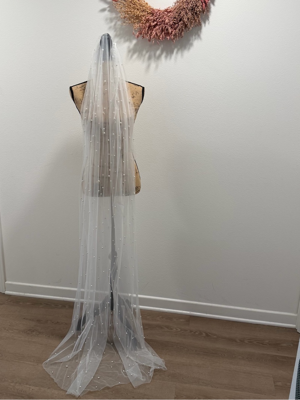 Anthropologie White Pearl-Embellished Sheer Veil
